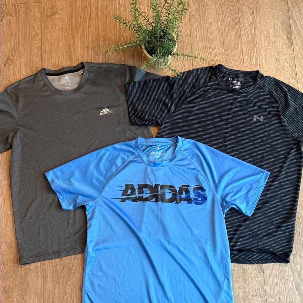 ((3 PIECE)) MENS UNDER ARMOUR AND ADIDAS WORKOUT TEE BUNDLE SIZE LARGE EUC